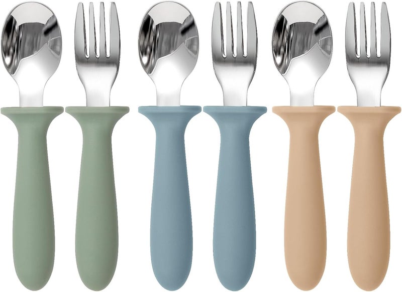 Eascrozn Toddler Utensils, 6 Pack kids Silverware Set with Silicone Handle, 18/8 Stainless Steel Children Safe Forks and Spoons, Dishwasher Safe - Image 1